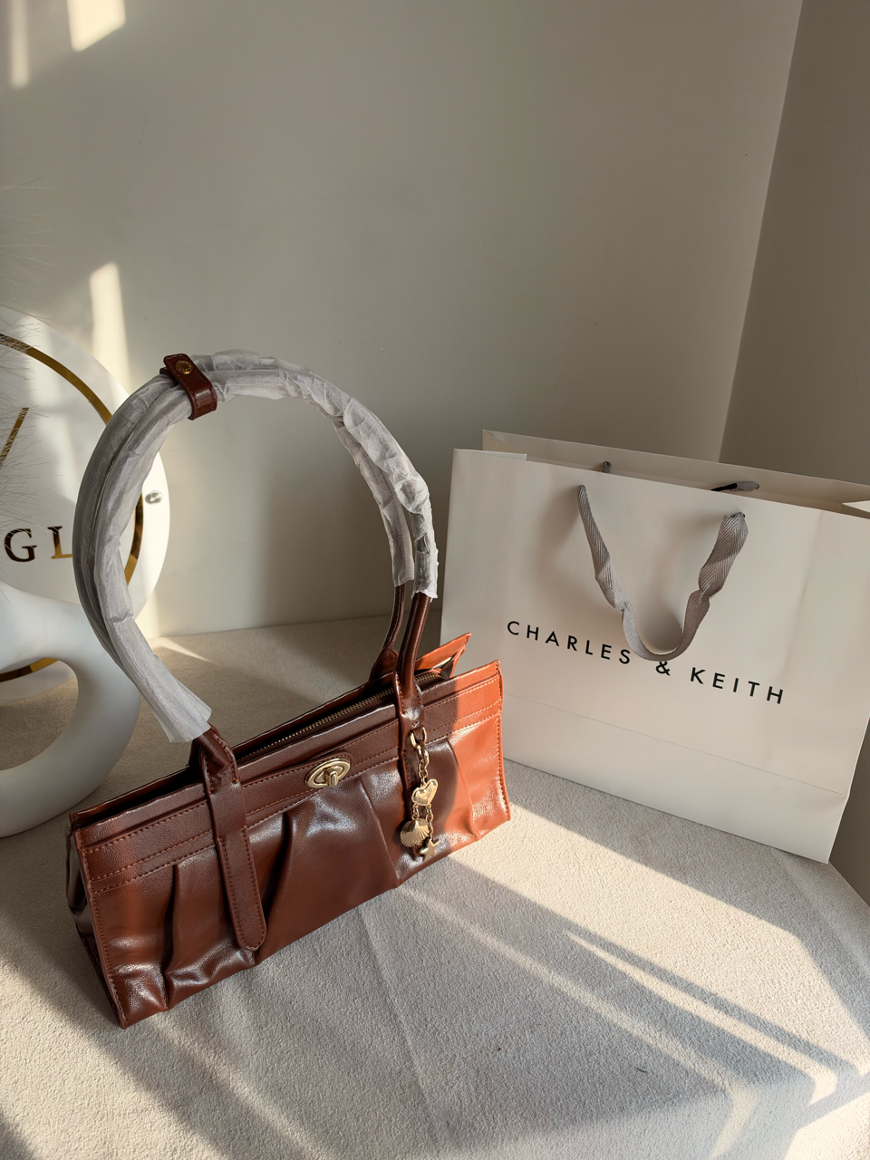 Ruched Shoulder Bag with Heart Charm With C & K Paper Bag - Brown