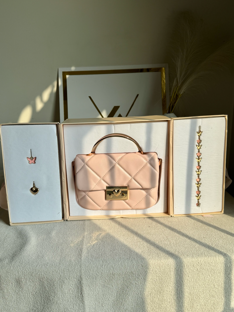 Charles & Keith Quilted Boxy Top Handle Bag Gift Set with 3 CHARMS - Baby Pink