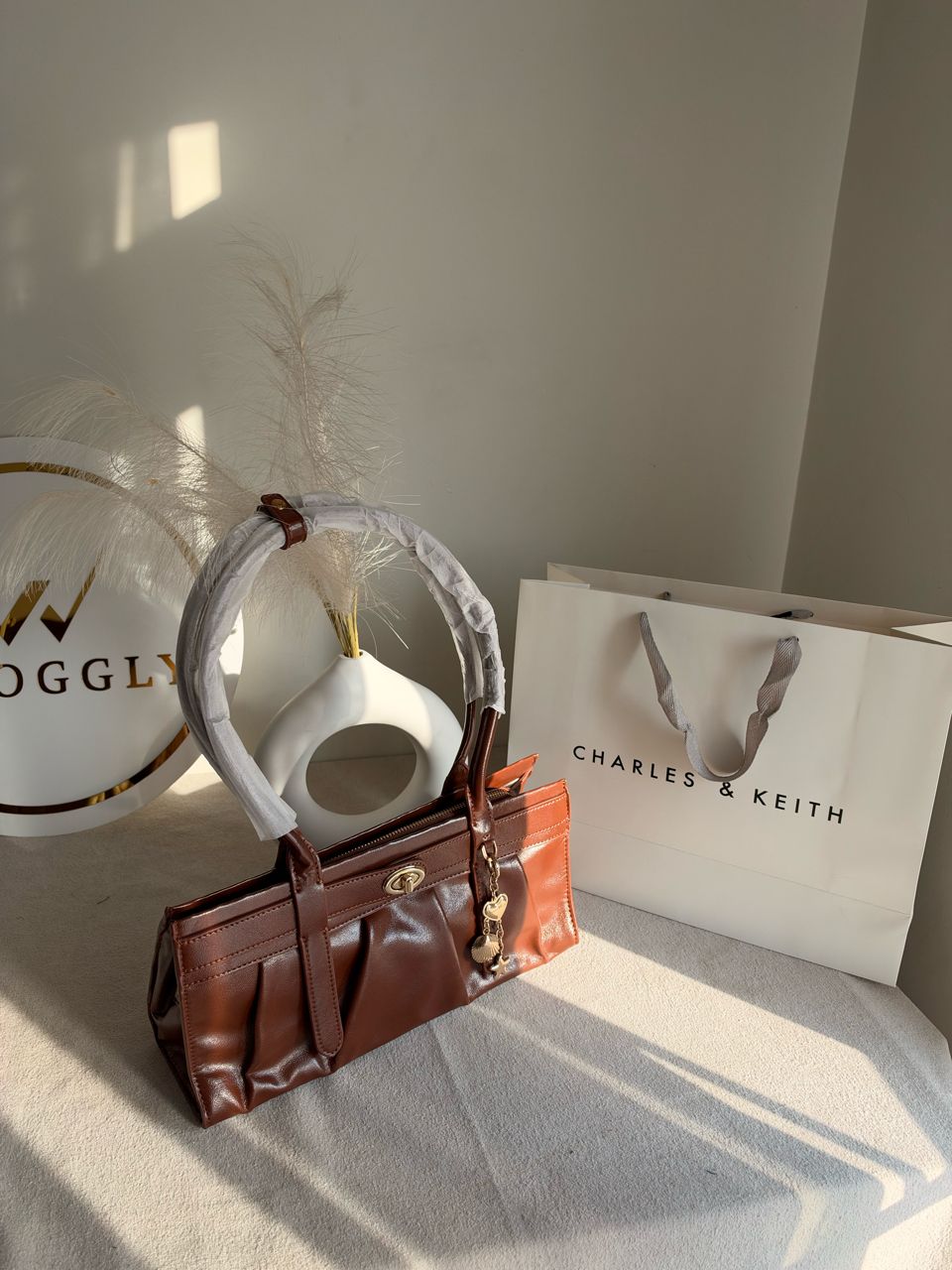 Ruched Shoulder Bag with Heart Charm With C & K Paper Bag - Brown