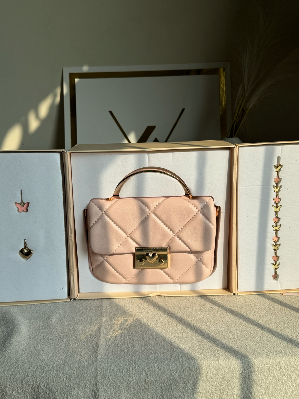 Charles & Keith Quilted Boxy Top Handle Bag Gift Set with 3 CHARMS - Baby Pink