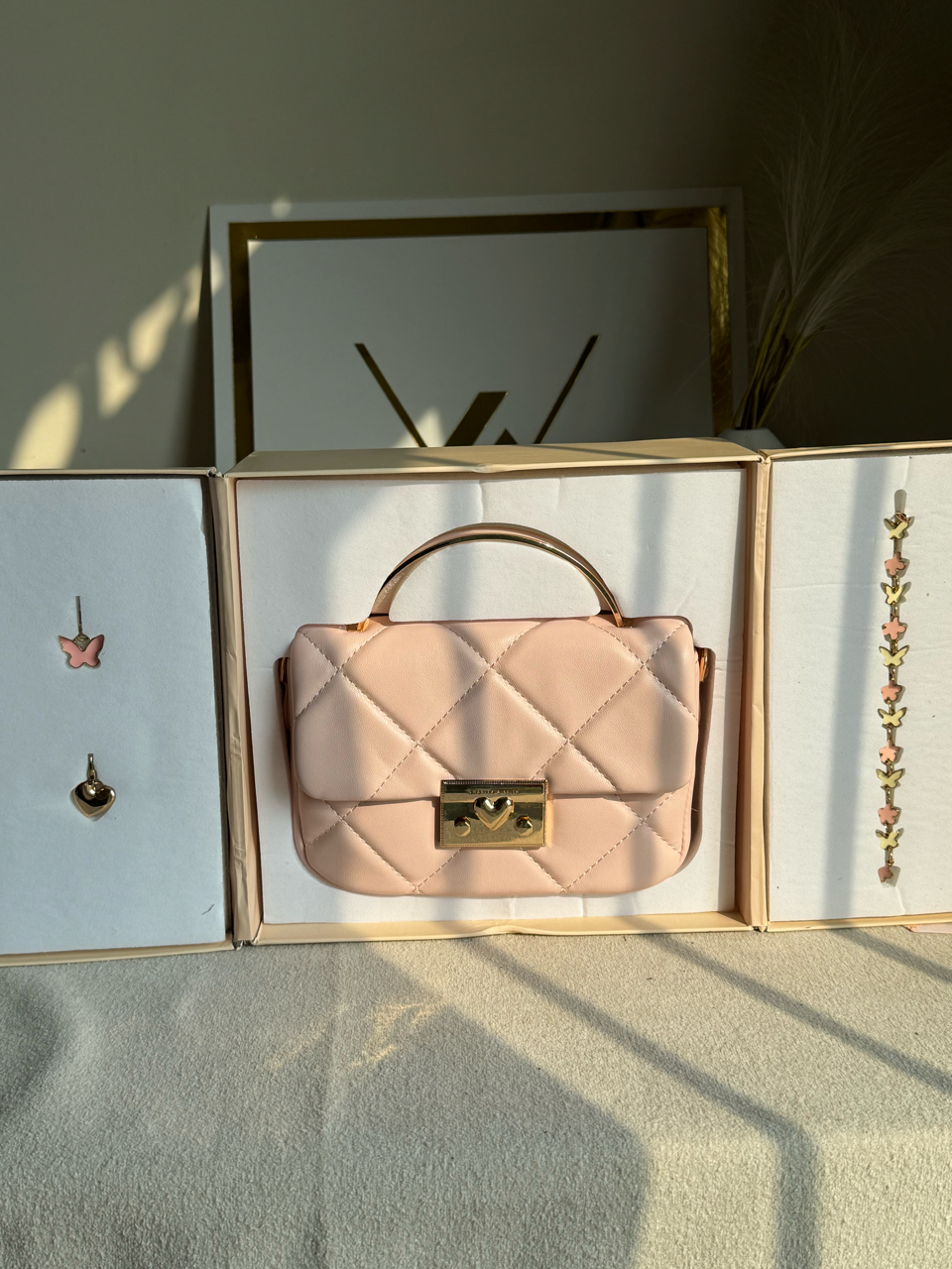 Charles & Keith Quilted Boxy Top Handle Bag Gift Set with 3 CHARMS - Baby Pink