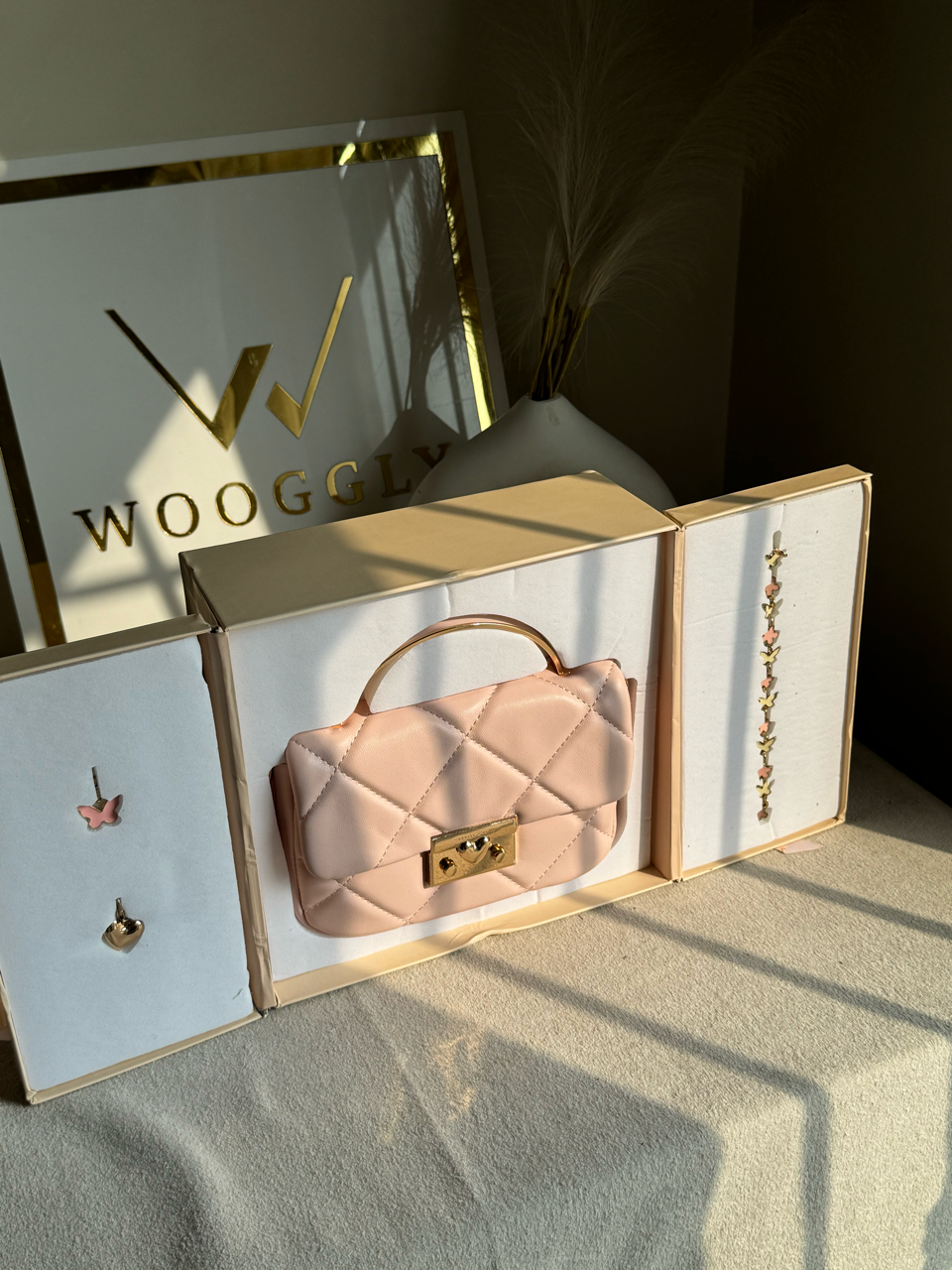 Charles & Keith Quilted Boxy Top Handle Bag Gift Set with 3 CHARMS - Baby Pink