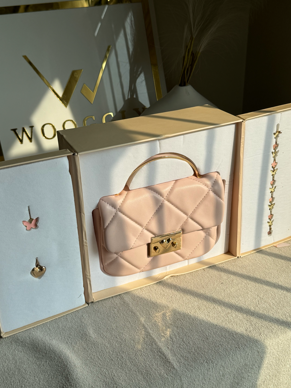 Charles & Keith Quilted Boxy Top Handle Bag Gift Set with 3 CHARMS - Baby Pink