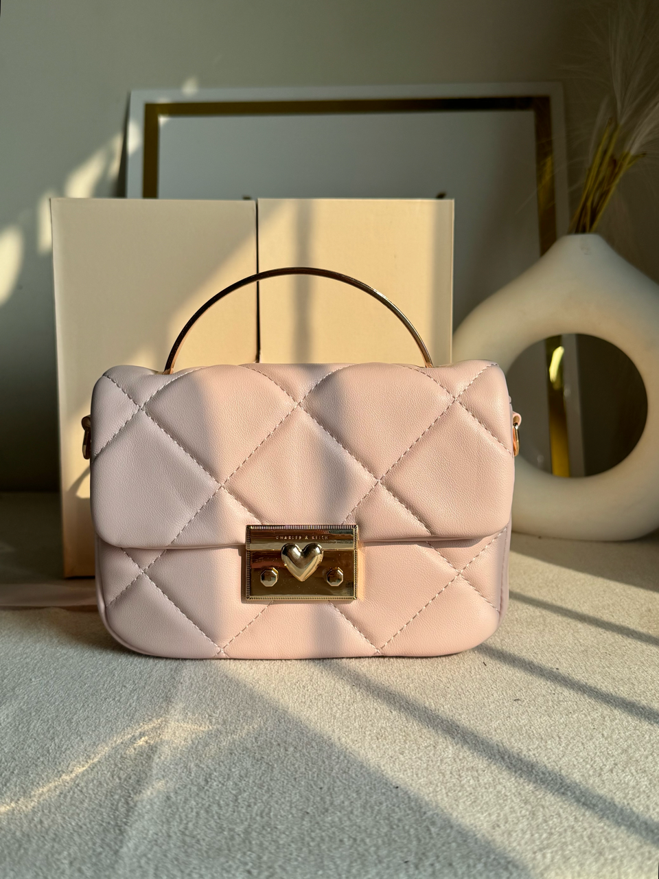 Charles & Keith Quilted Boxy Top Handle Bag Gift Set with 3 CHARMS - Baby Pink