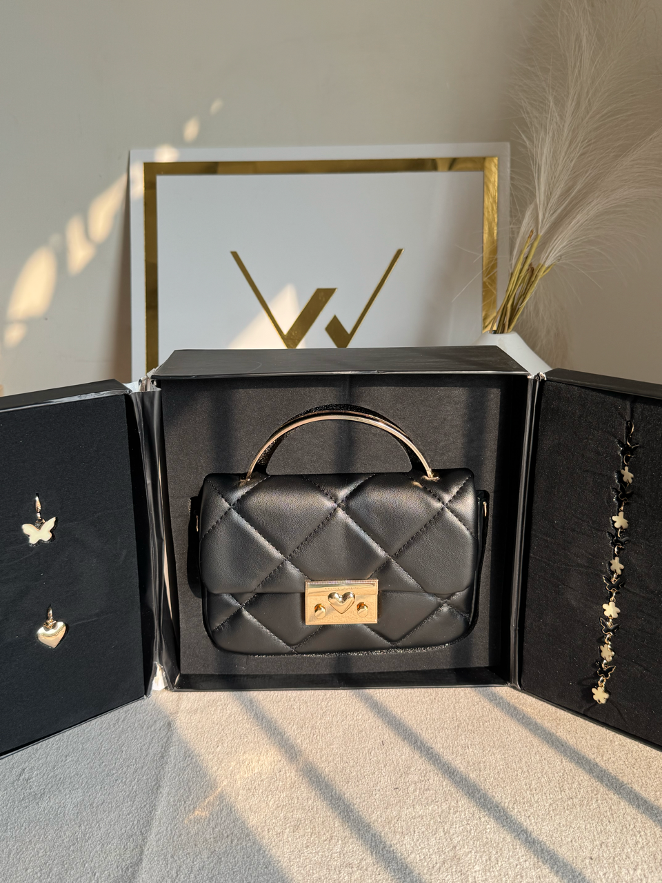 Charles & Keith Quilted Boxy Top Handle Bag Gift Set with 3 Charms - Black