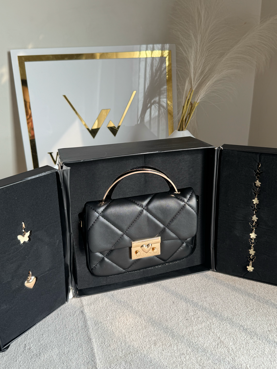 Charles & Keith Quilted Boxy Top Handle Bag Gift Set with 3 Charms - Black