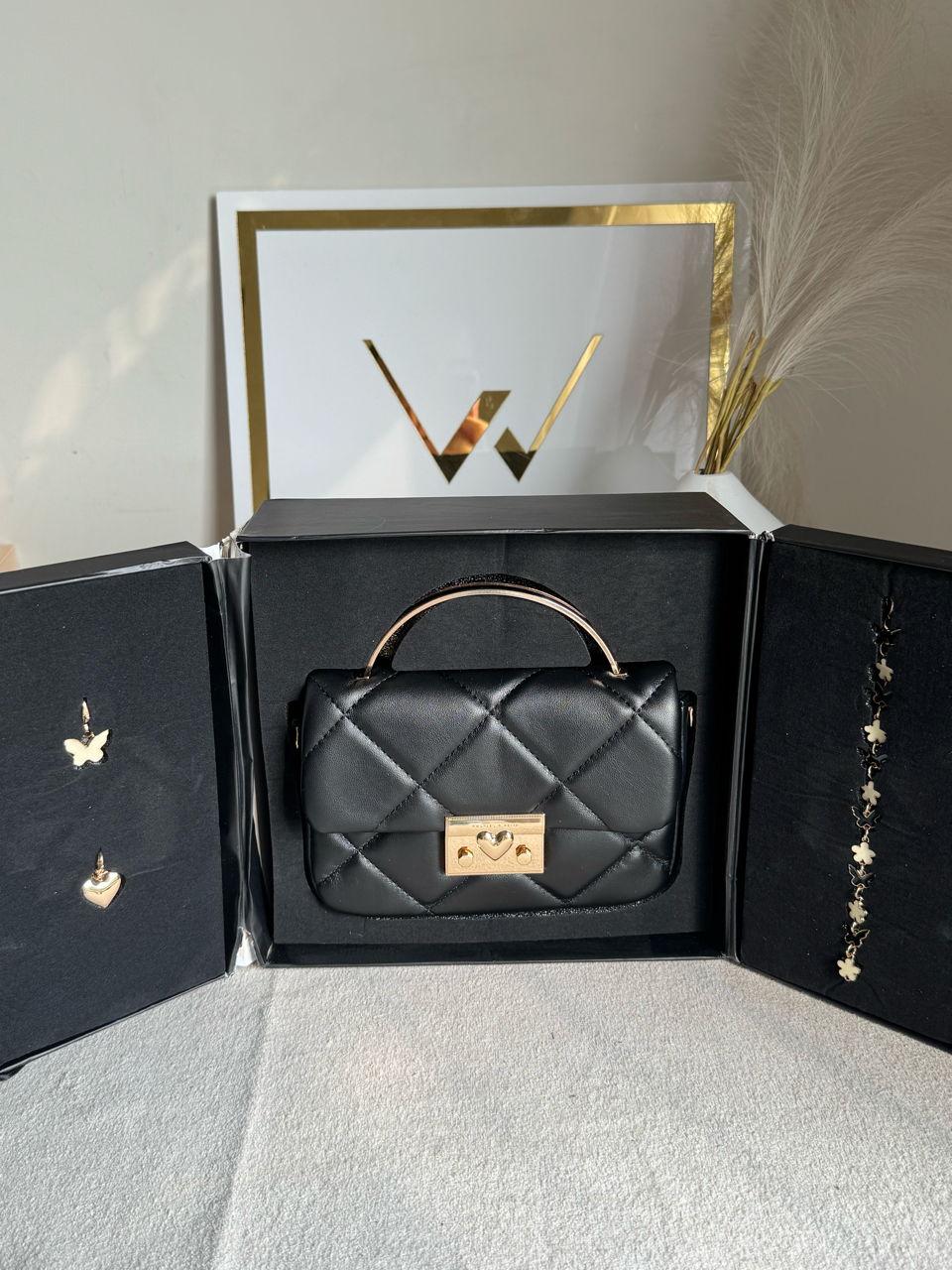 Charles & Keith Quilted Boxy Top Handle Bag Gift Set with 3 Charms - Black