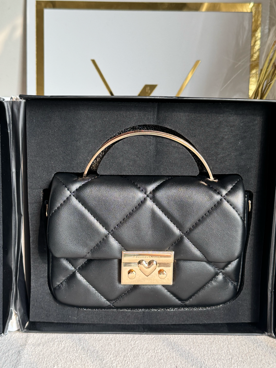 Charles & Keith Quilted Boxy Top Handle Bag Gift Set with 3 Charms - Black