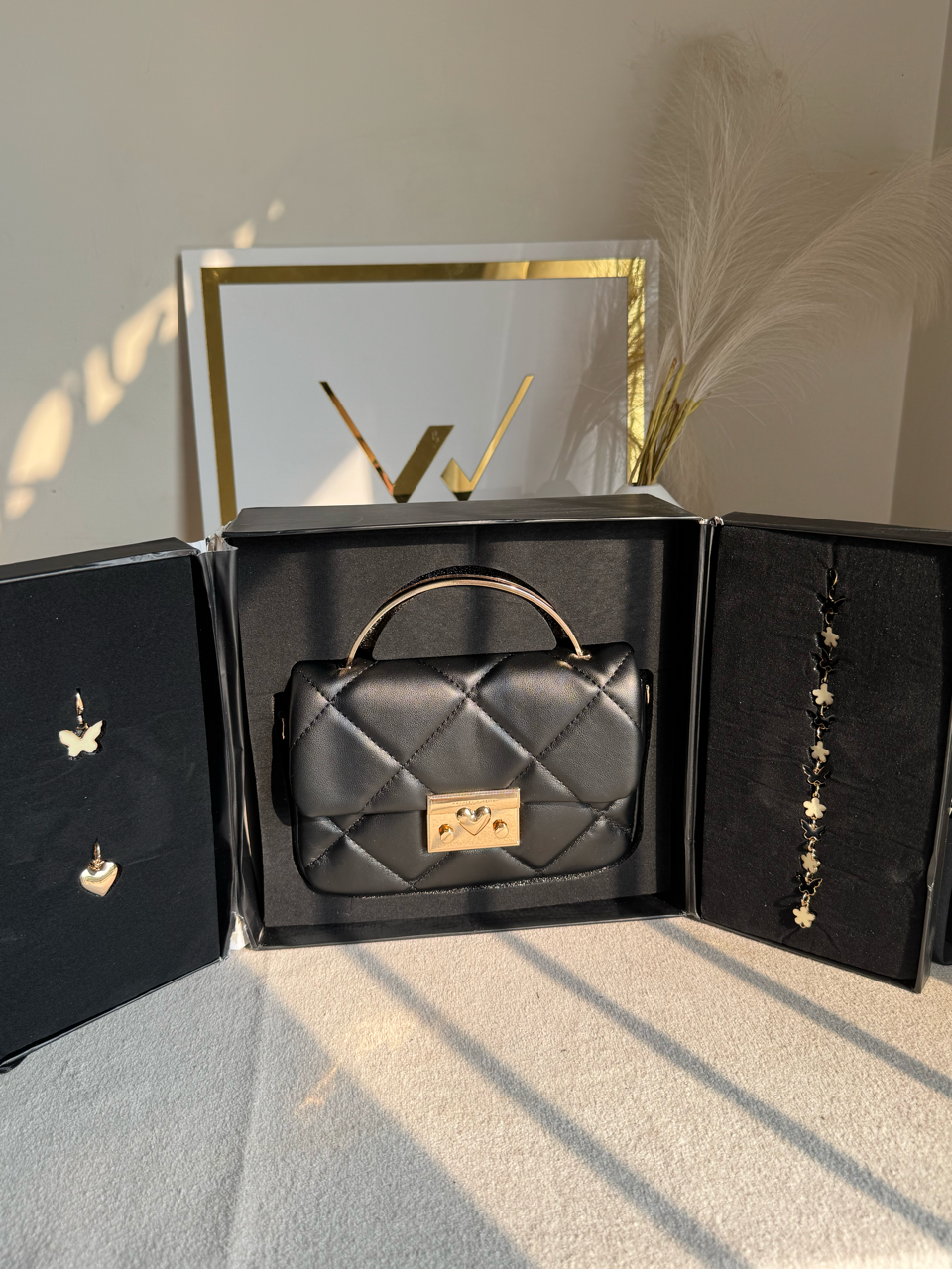Charles & Keith Quilted Boxy Top Handle Bag Gift Set with 3 Charms - Black