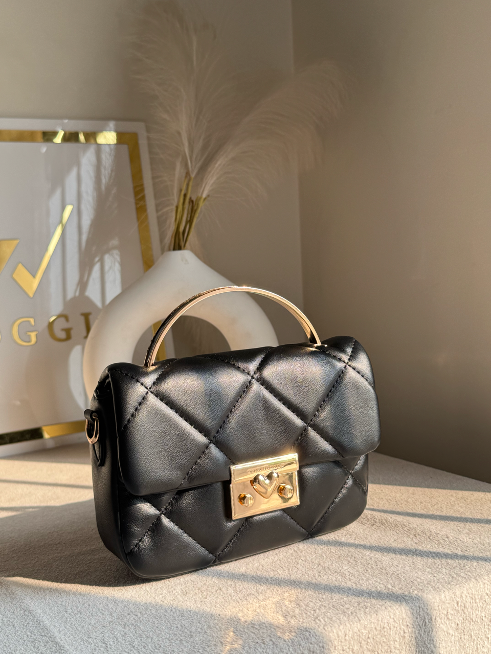 Charles & Keith Quilted Boxy Top Handle Bag Gift Set with 3 Charms - Black