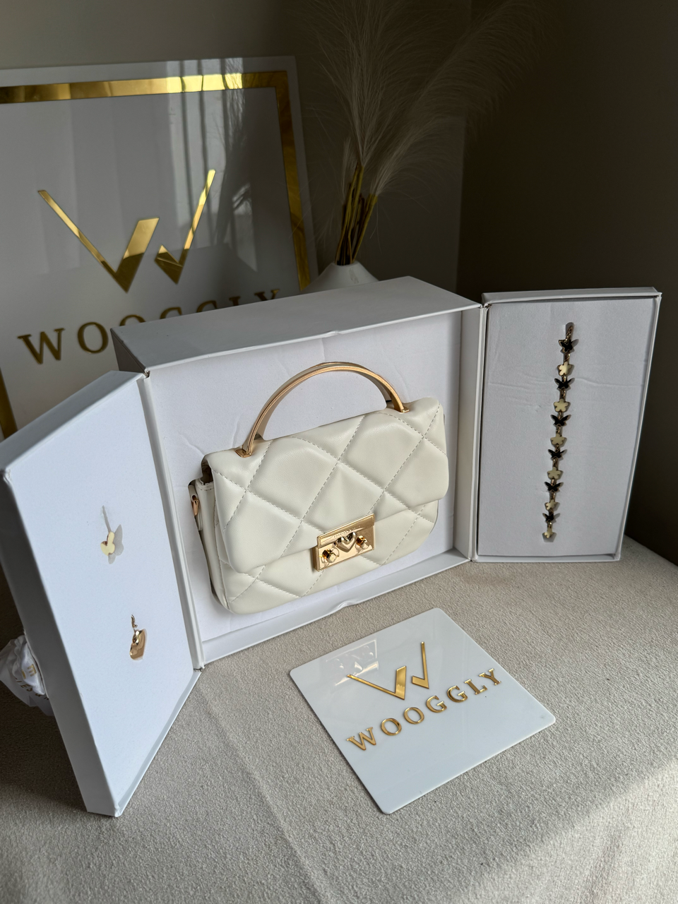 Charles & Keith Quilted Boxy Top Handle Bag Gift Set with 3 Charms - White