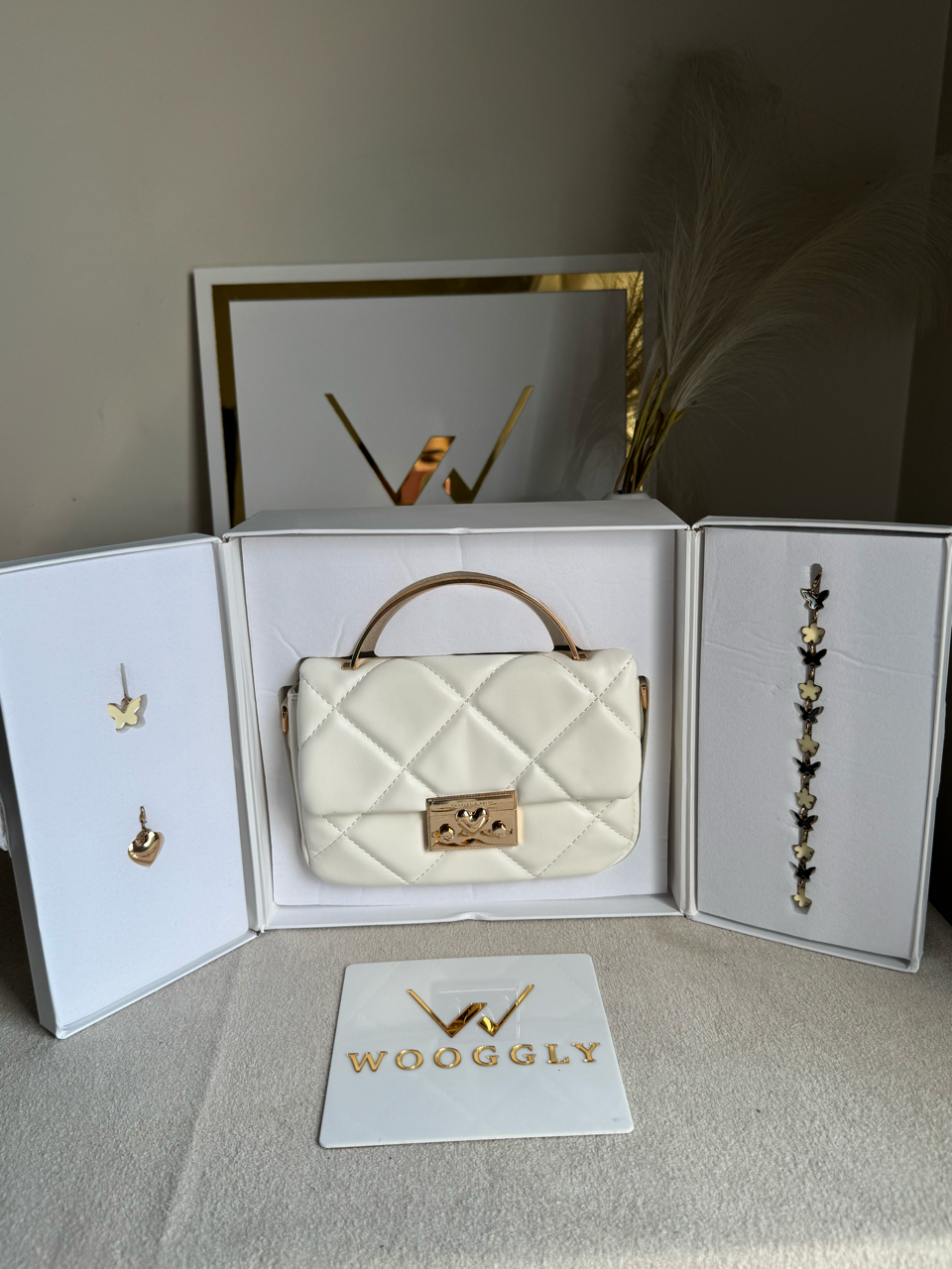 Charles & Keith Quilted Boxy Top Handle Bag Gift Set with 3 Charms - White