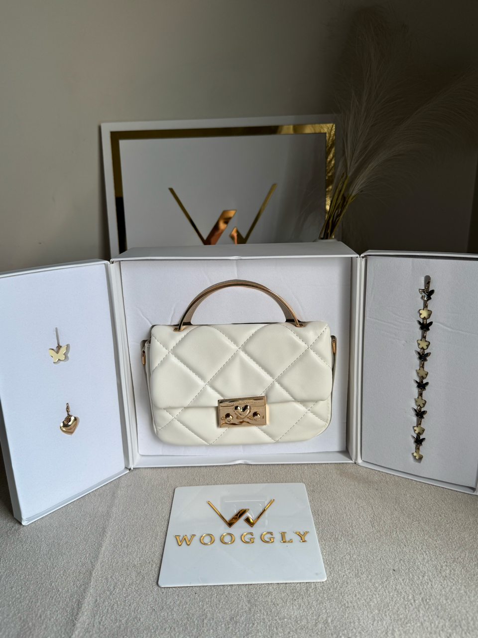 Charles & Keith Quilted Boxy Top Handle Bag Gift Set with 3 Charms - White