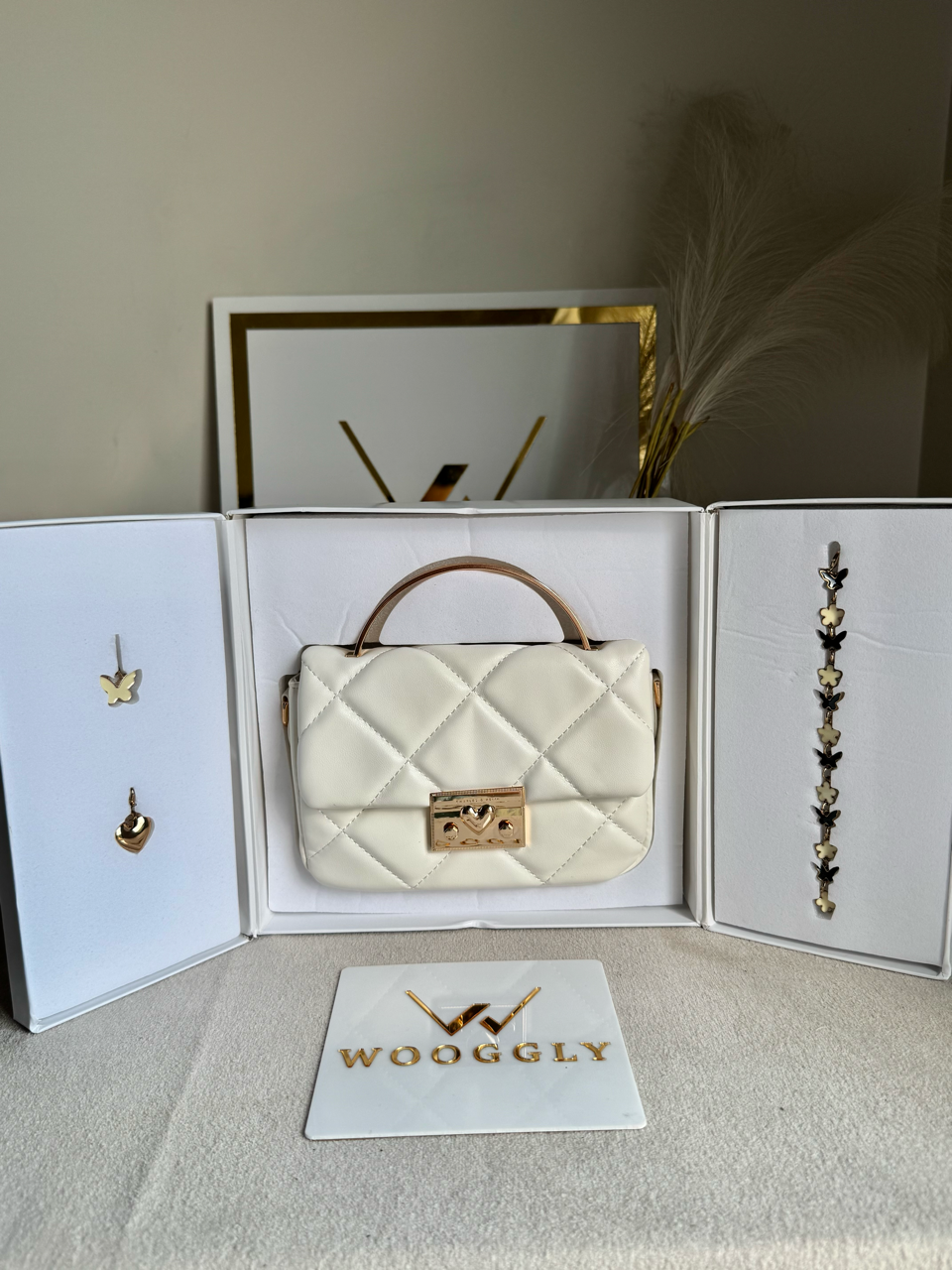 Charles & Keith Quilted Boxy Top Handle Bag Gift Set with 3 Charms - White