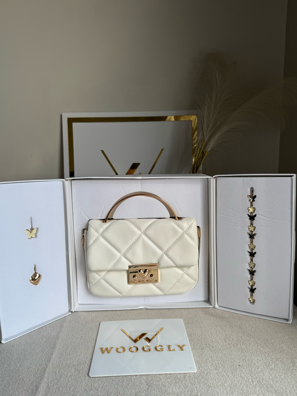 Charles & Keith Quilted Boxy Top Handle Bag Gift Set with 3 Charms - White