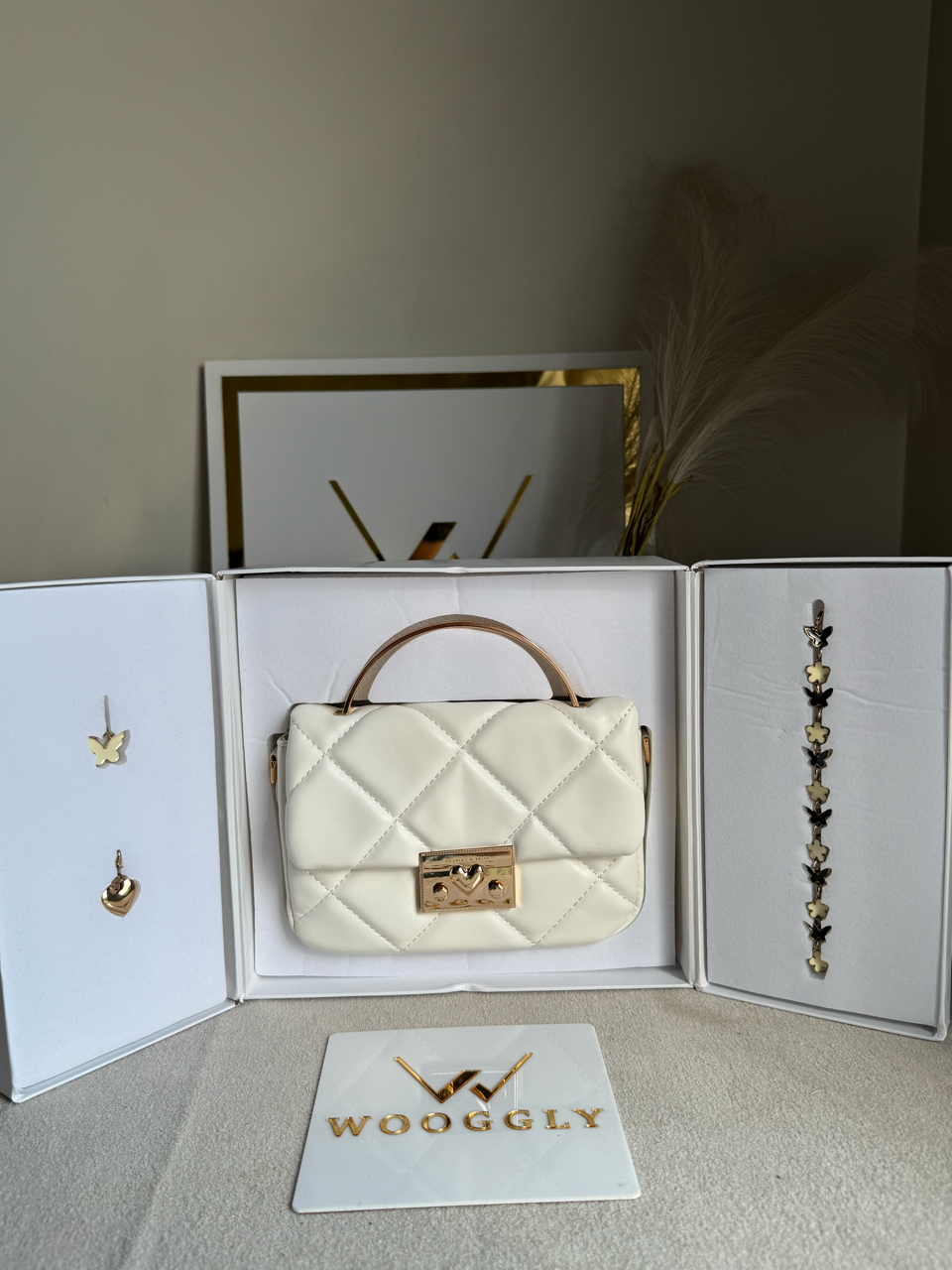 Charles & Keith Quilted Boxy Top Handle Bag Gift Set with 3 Charms - White