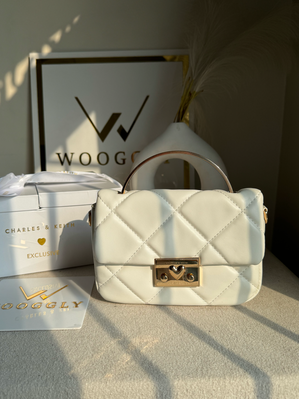 Charles & Keith Quilted Boxy Top Handle Bag Gift Set with 3 Charms - White