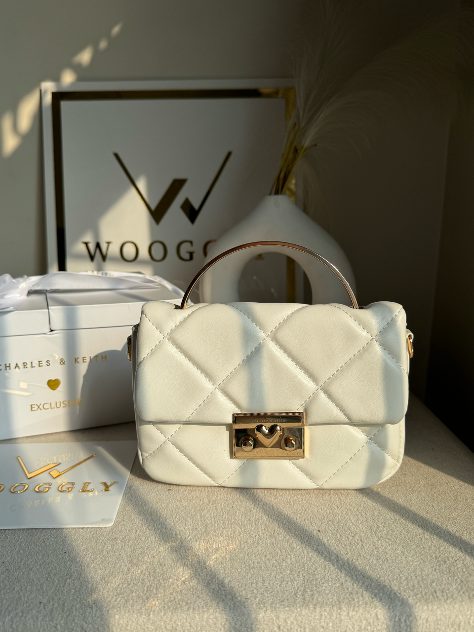 Charles & Keith Quilted Boxy Top Handle Bag Gift Set with 3 Charms - White