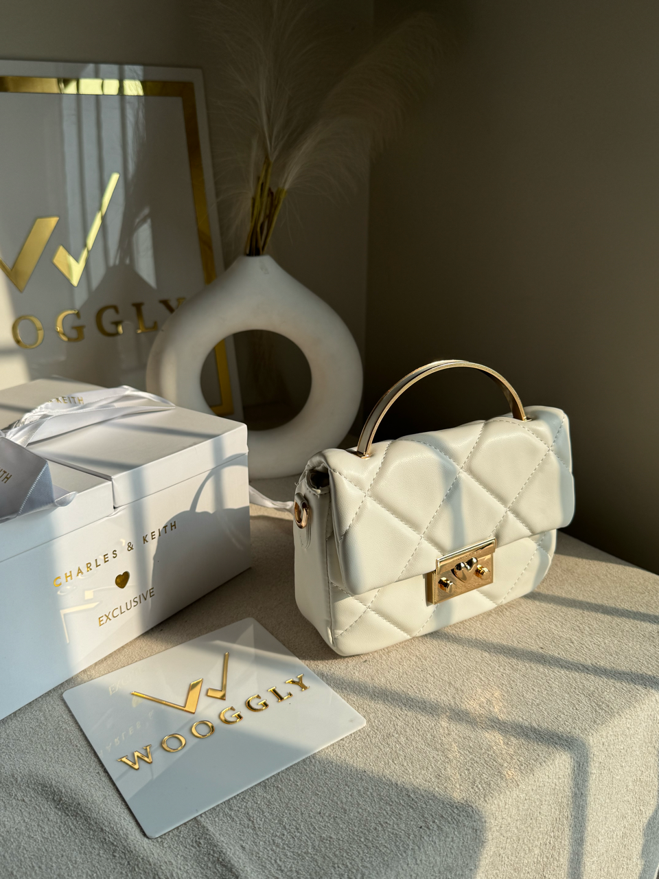 Charles & Keith Quilted Boxy Top Handle Bag Gift Set with 3 Charms - White