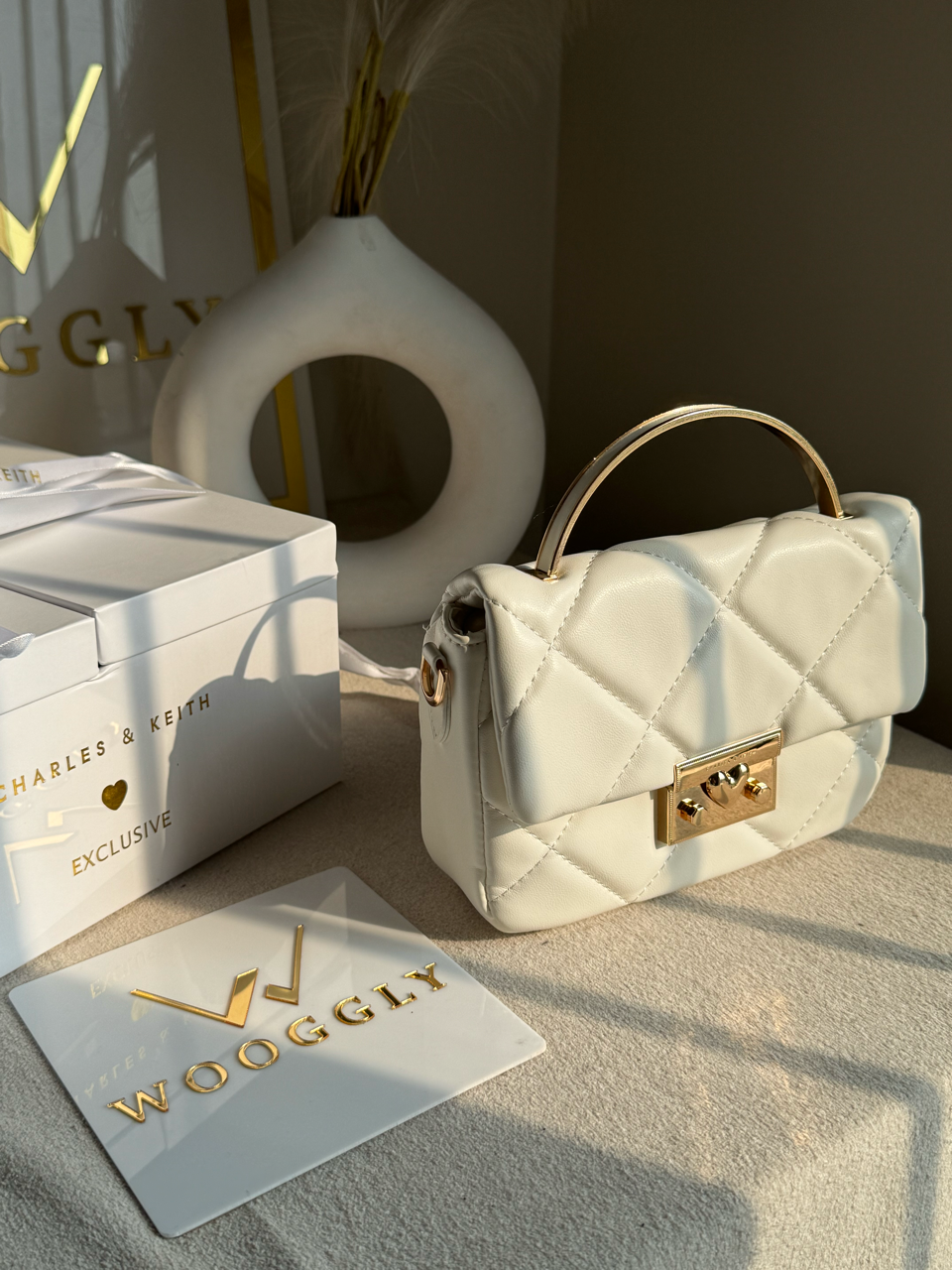 Charles & Keith Quilted Boxy Top Handle Bag Gift Set with 3 Charms - White