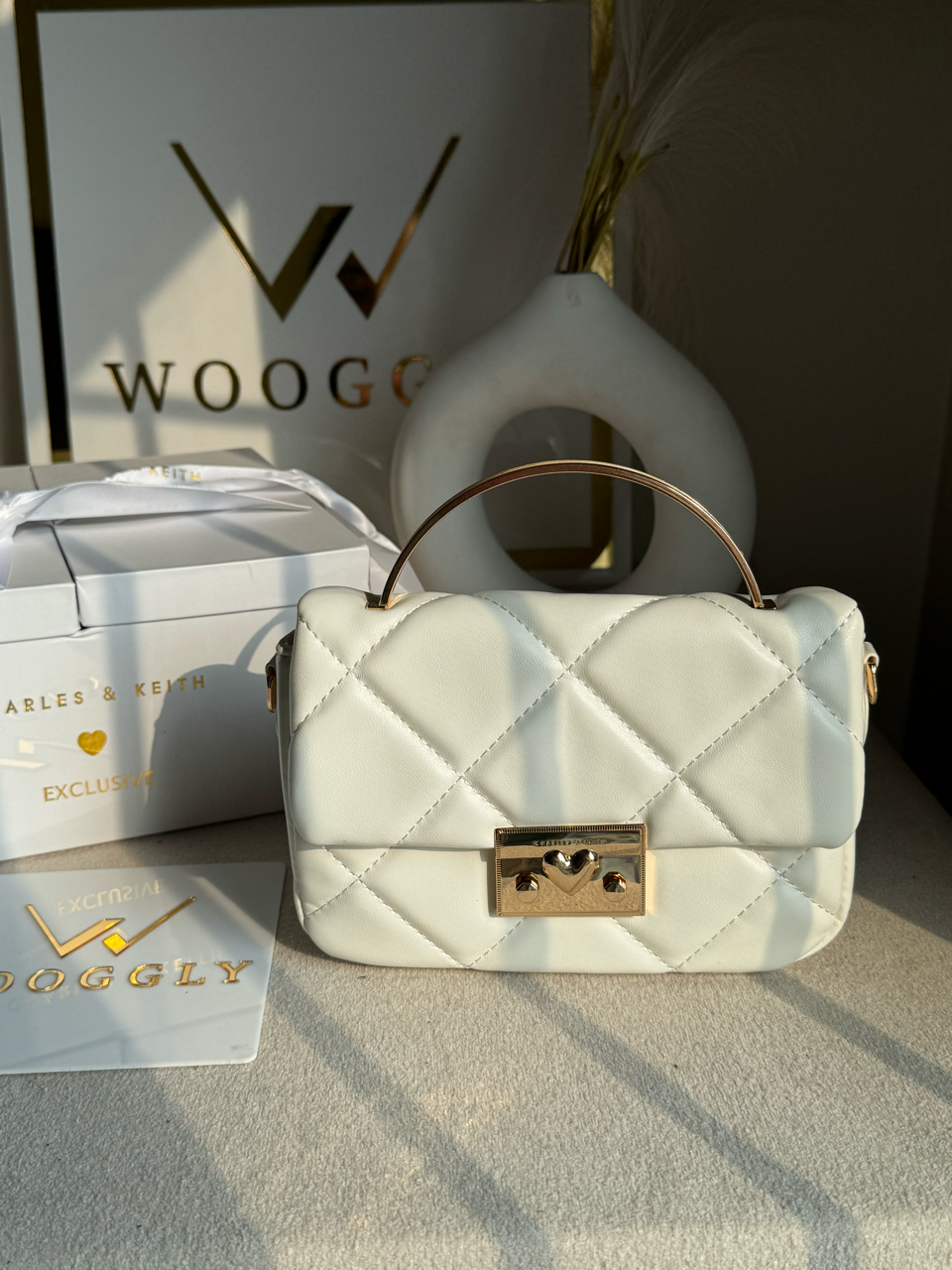 Charles & Keith Quilted Boxy Top Handle Bag Gift Set with 3 Charms - White