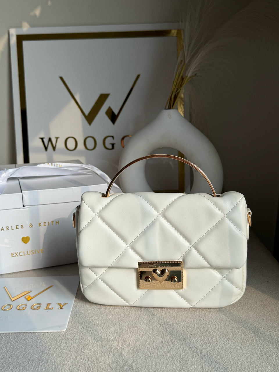 Charles & Keith Quilted Boxy Top Handle Bag Gift Set with 3 Charms - White