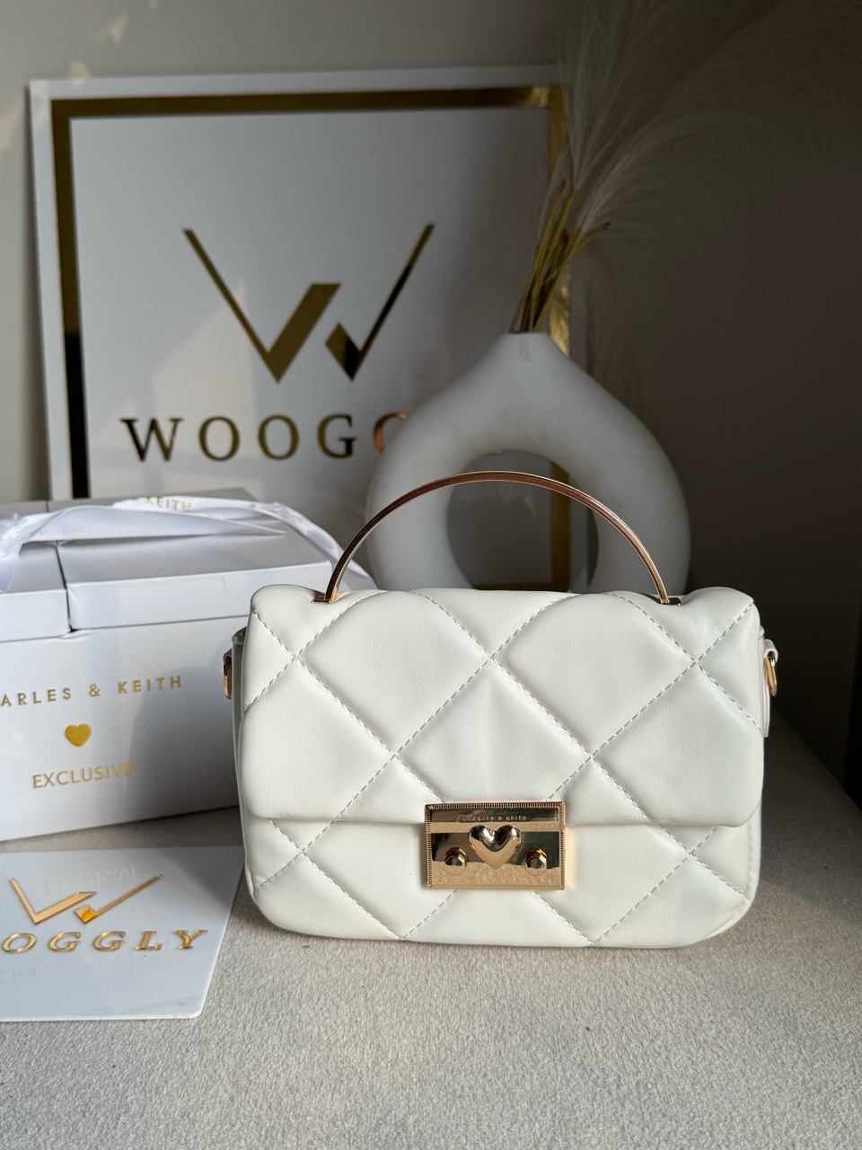 Charles & Keith Quilted Boxy Top Handle Bag Gift Set with 3 Charms - White