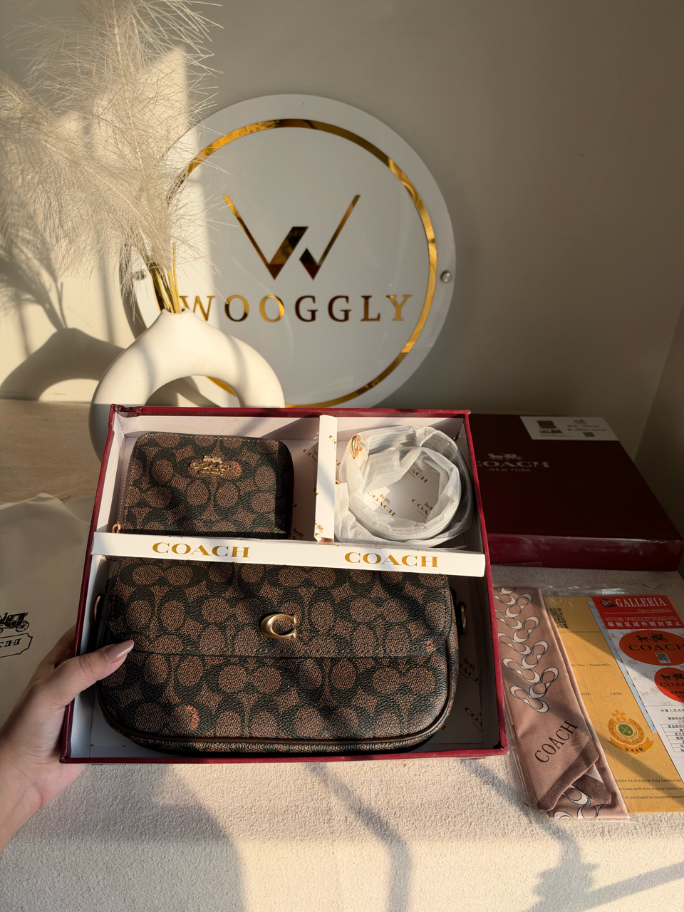 High Quality Gift Set With Wallet & Silk Scarf ( Box Packing) - Brown