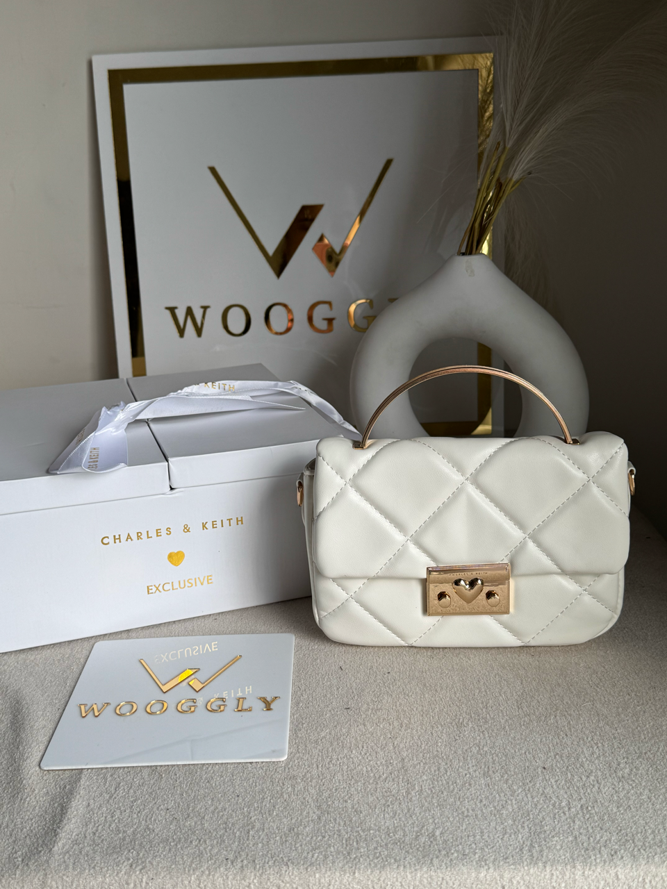 Charles & Keith Quilted Boxy Top Handle Bag Gift Set with 3 Charms - White