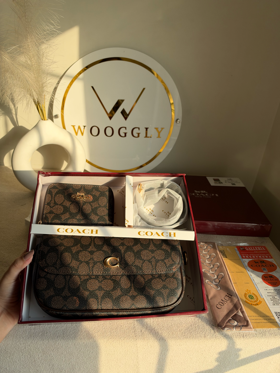 High Quality Gift Set With Wallet & Silk Scarf ( Box Packing) - Brown