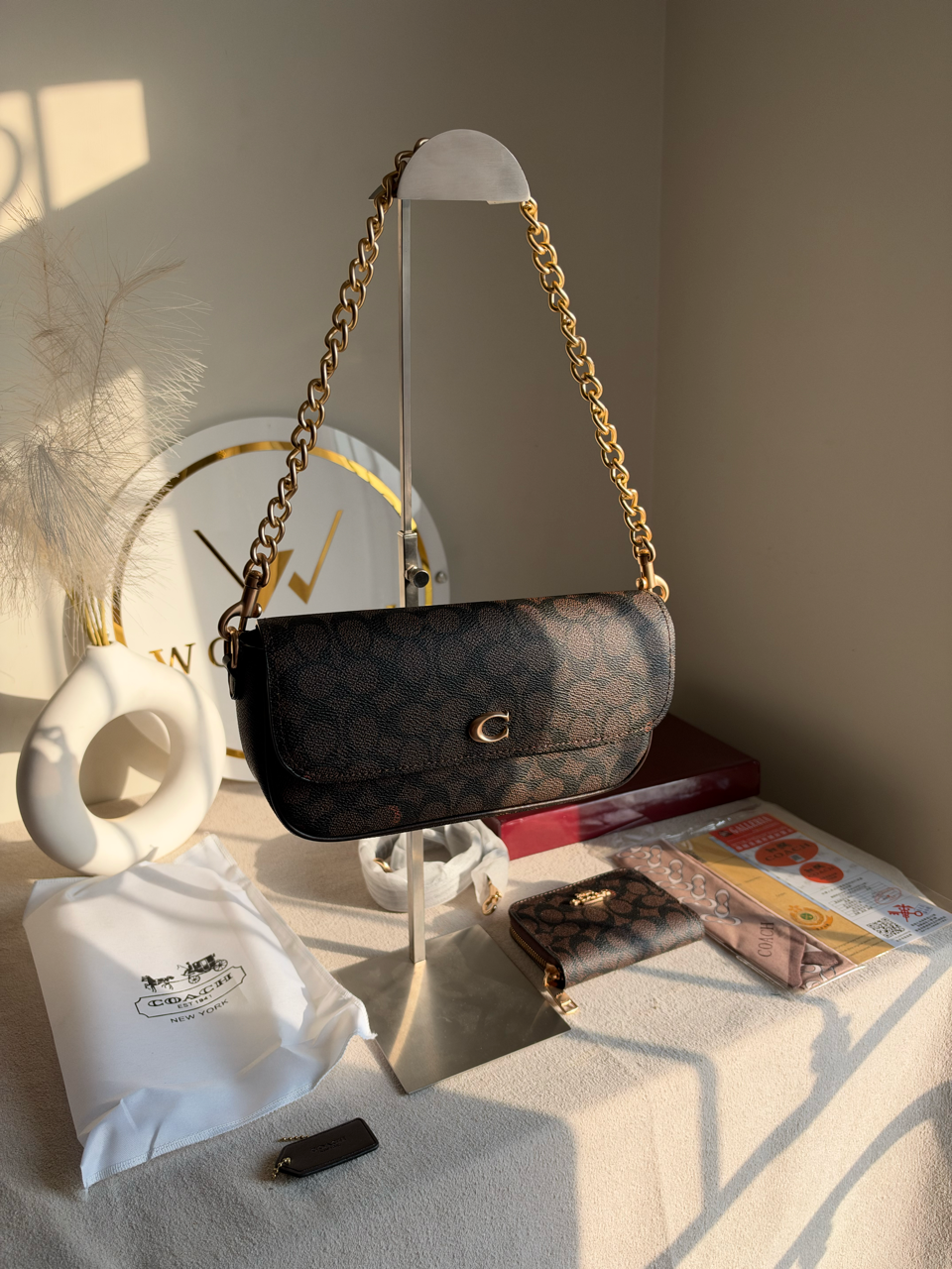 High Quality Gift Set With Wallet & Silk Scarf ( Box Packing) - Brown
