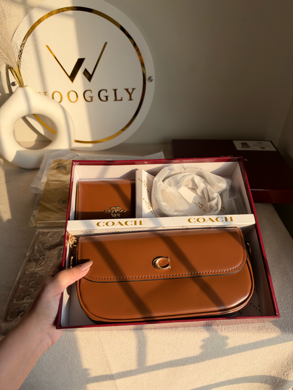 High Quality Gift Set With Wallet & Silk Scarf ( Box Packing) - Brown