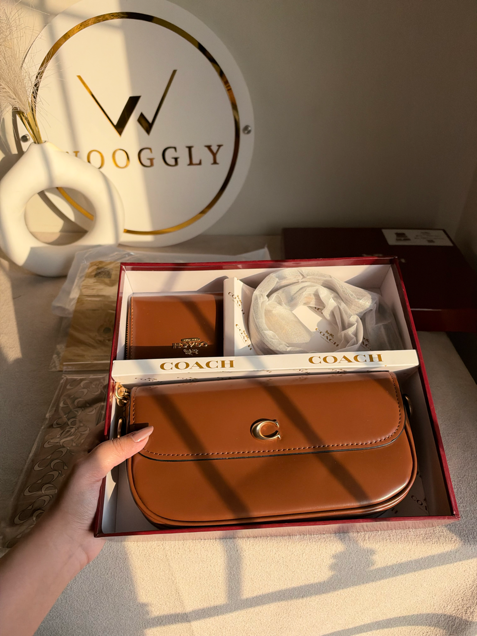High Quality Gift Set With Wallet & Silk Scarf ( Box Packing) - Brown