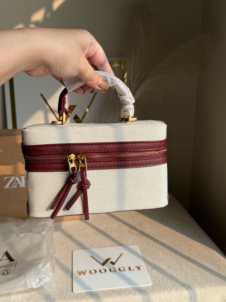 Viral Zara Bag- Cream & Maroon