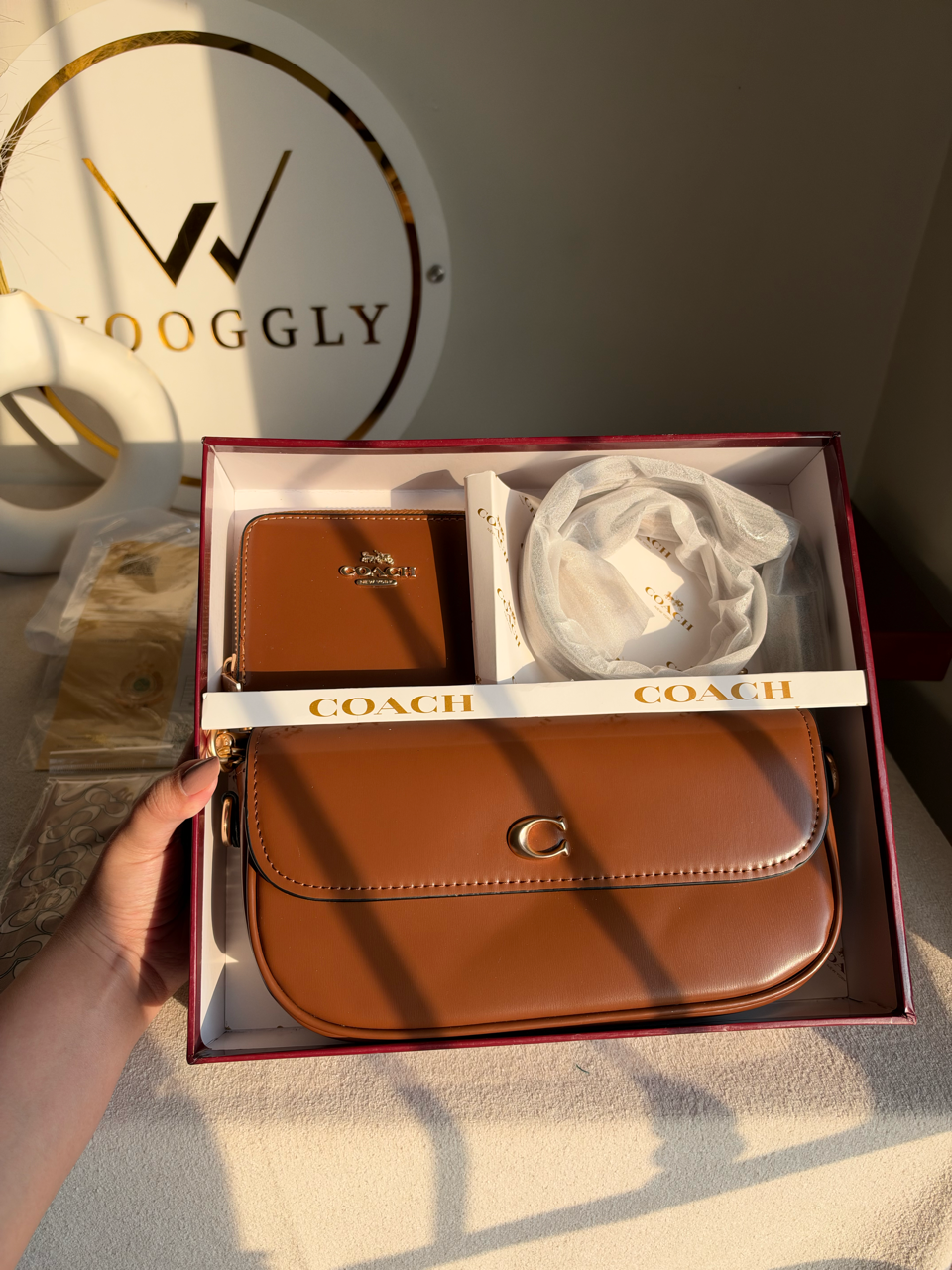 High Quality Gift Set With Wallet & Silk Scarf ( Box Packing) - Brown