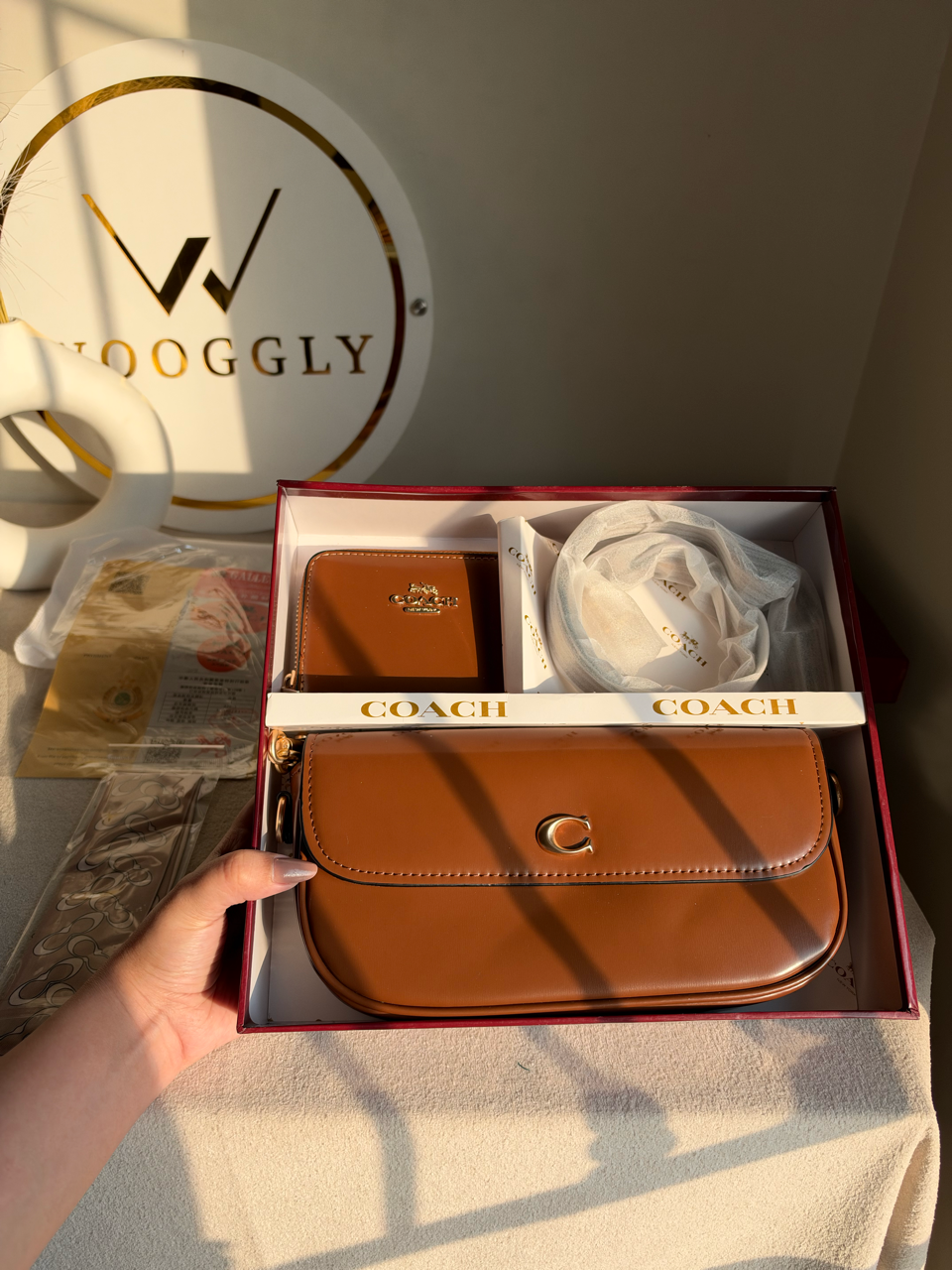 High Quality Gift Set With Wallet & Silk Scarf ( Box Packing) - Brown