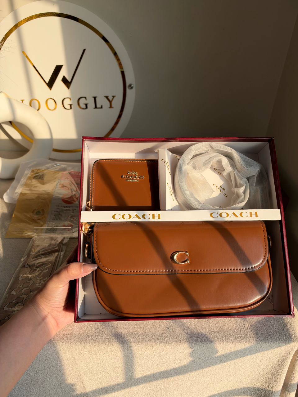 High Quality Gift Set With Wallet & Silk Scarf ( Box Packing) - Brown