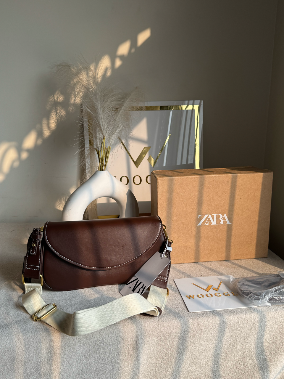 Premium Zara Leather Bag With Box Packing- Brown