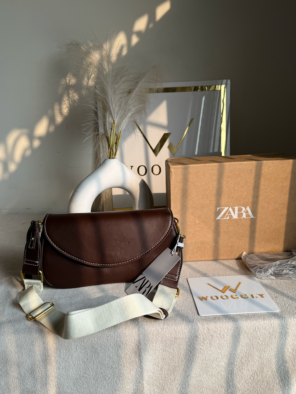 Premium Zara Leather Bag With Box Packing- Brown