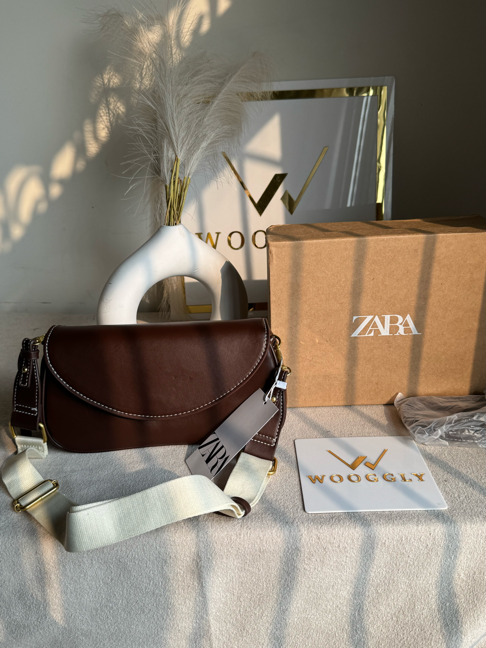 Premium Zara Leather Bag With Box Packing- Brown