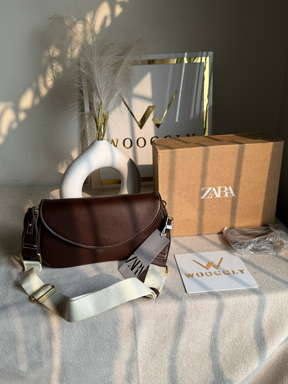 Premium Zara Leather Bag With Box Packing- Brown