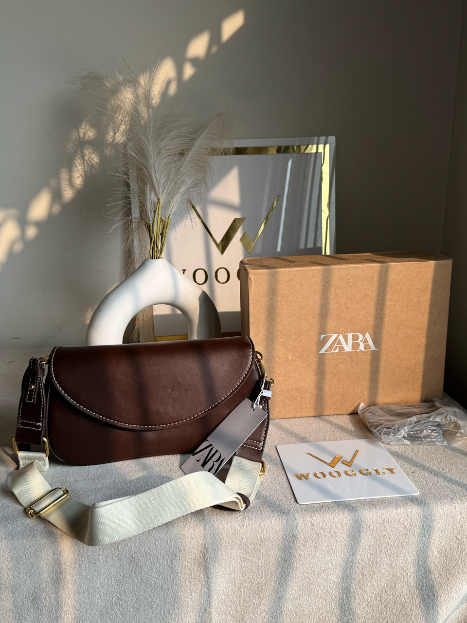 Premium Zara Leather Bag With Box Packing- Brown
