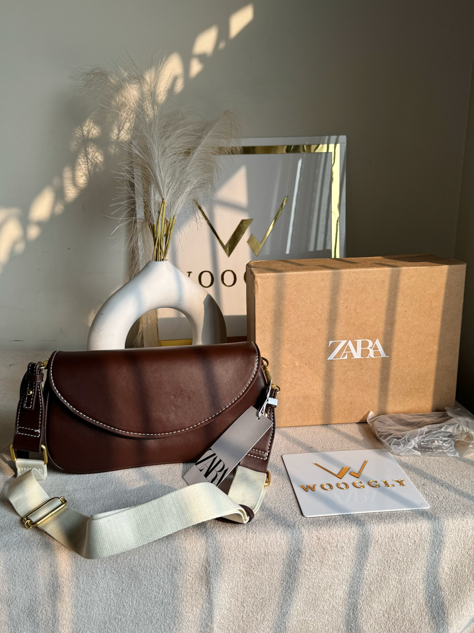 Premium Zara Leather Bag With Box Packing- Brown