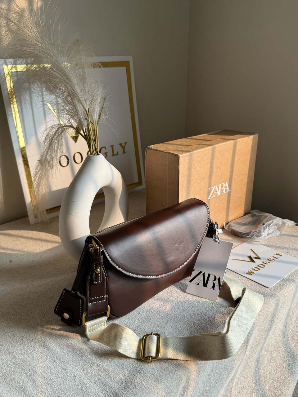 Premium Zara Leather Bag With Box Packing- Brown