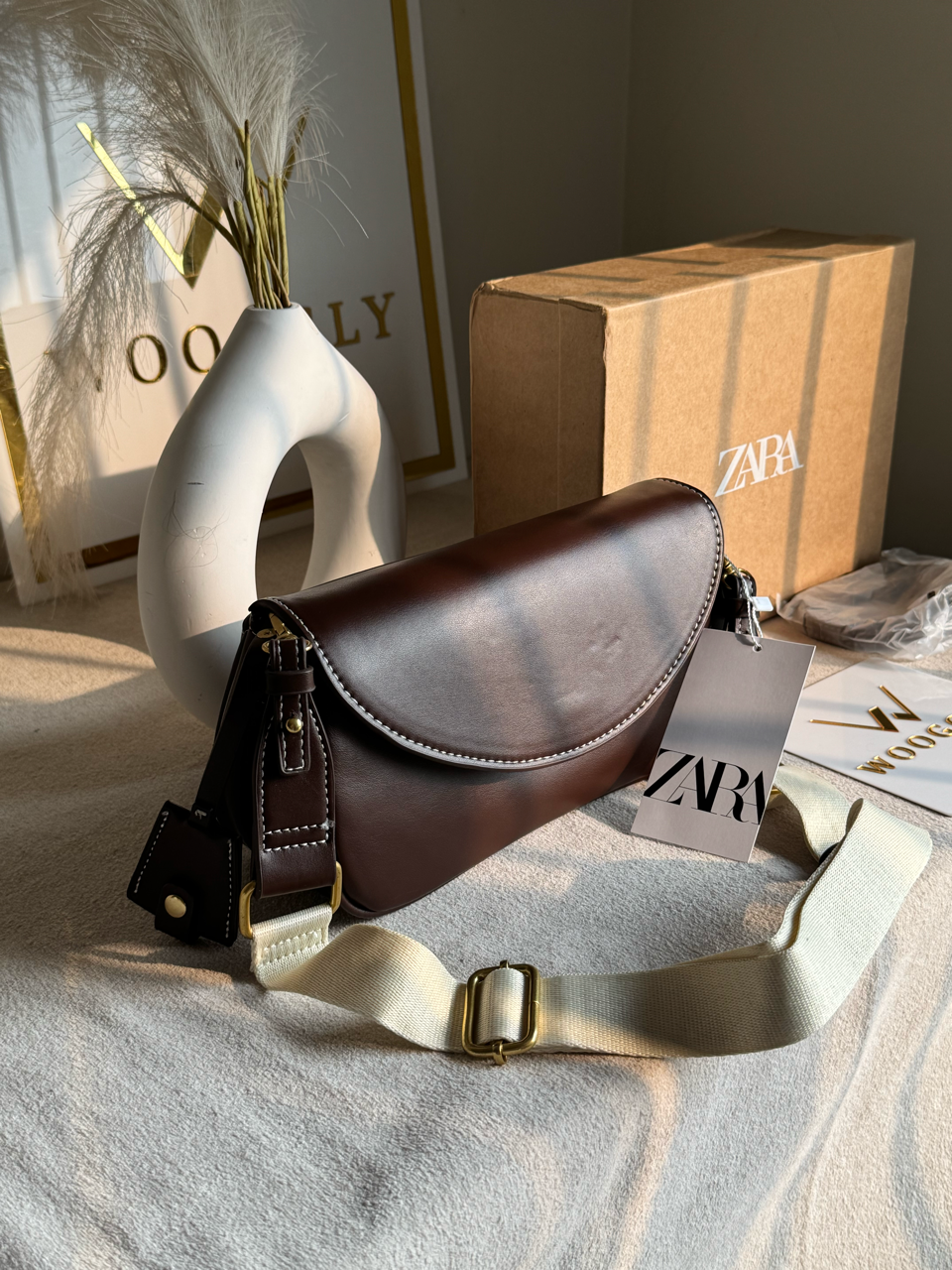 Premium Zara Leather Bag With Box Packing- Brown