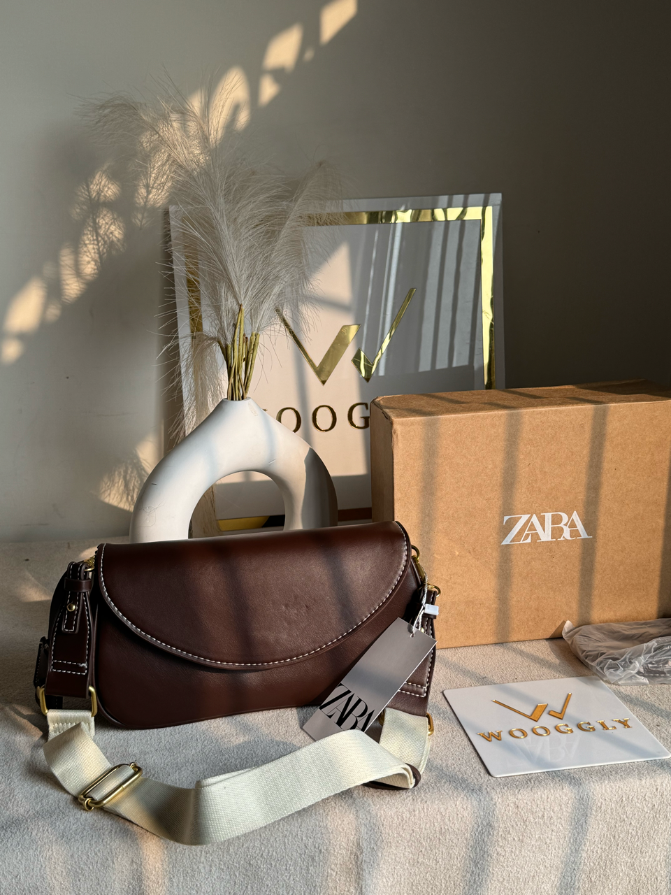 Premium Zara Leather Bag With Box Packing- Brown