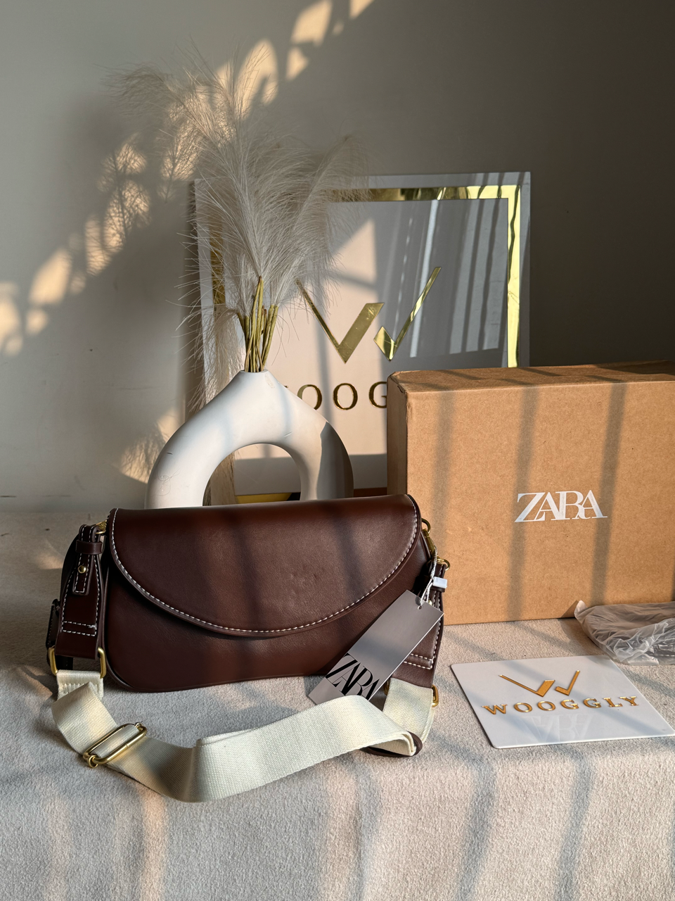 Premium Zara Leather Bag With Box Packing- Brown