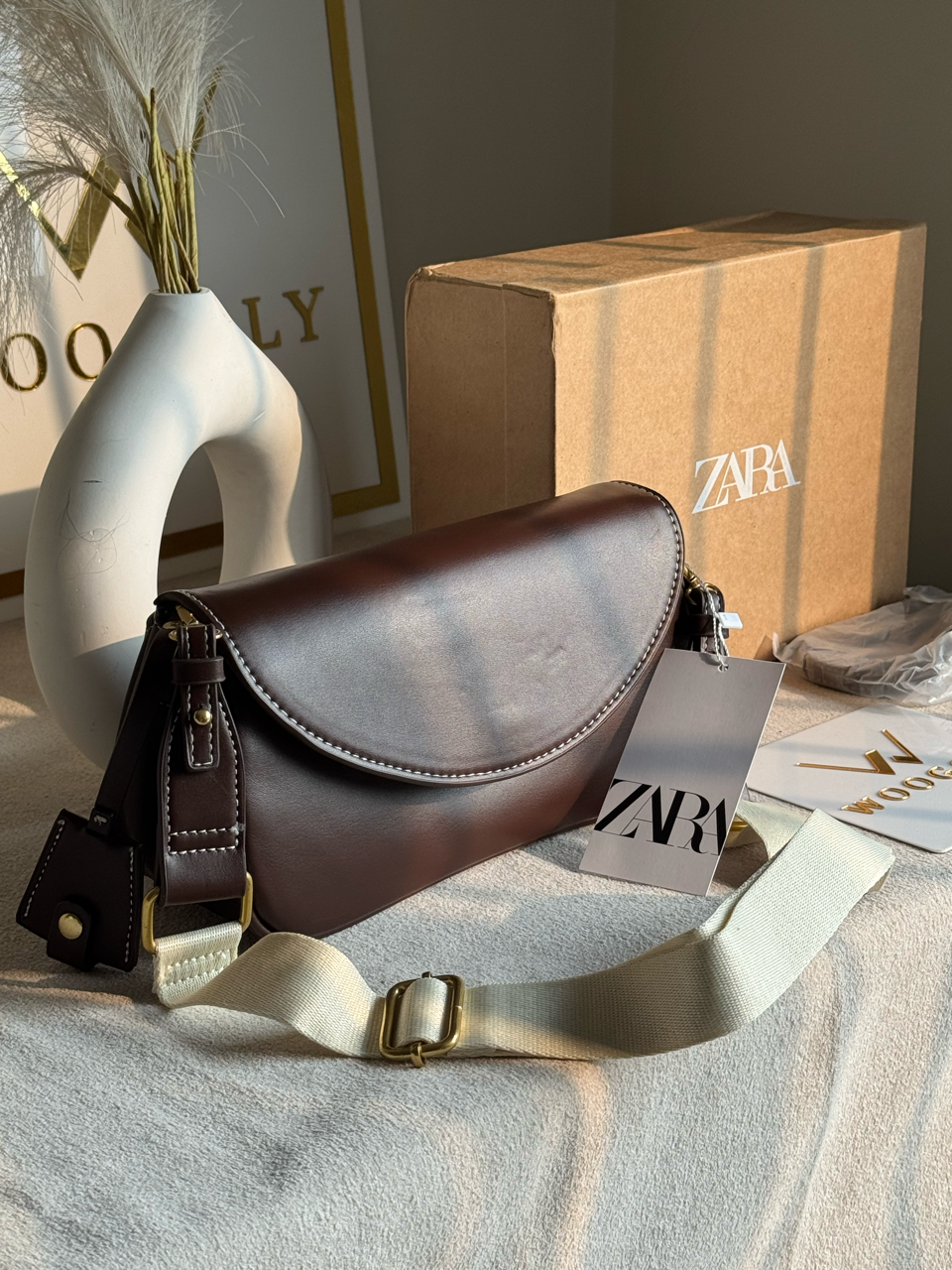 Premium Zara Leather Bag With Box Packing- Brown