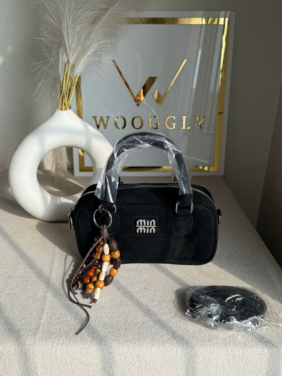 Min Min Suede Bucket Bag With Bag Charm - Black