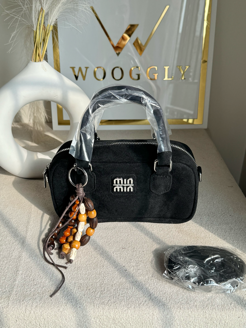 Min Min Suede Bucket Bag With Bag Charm - Black